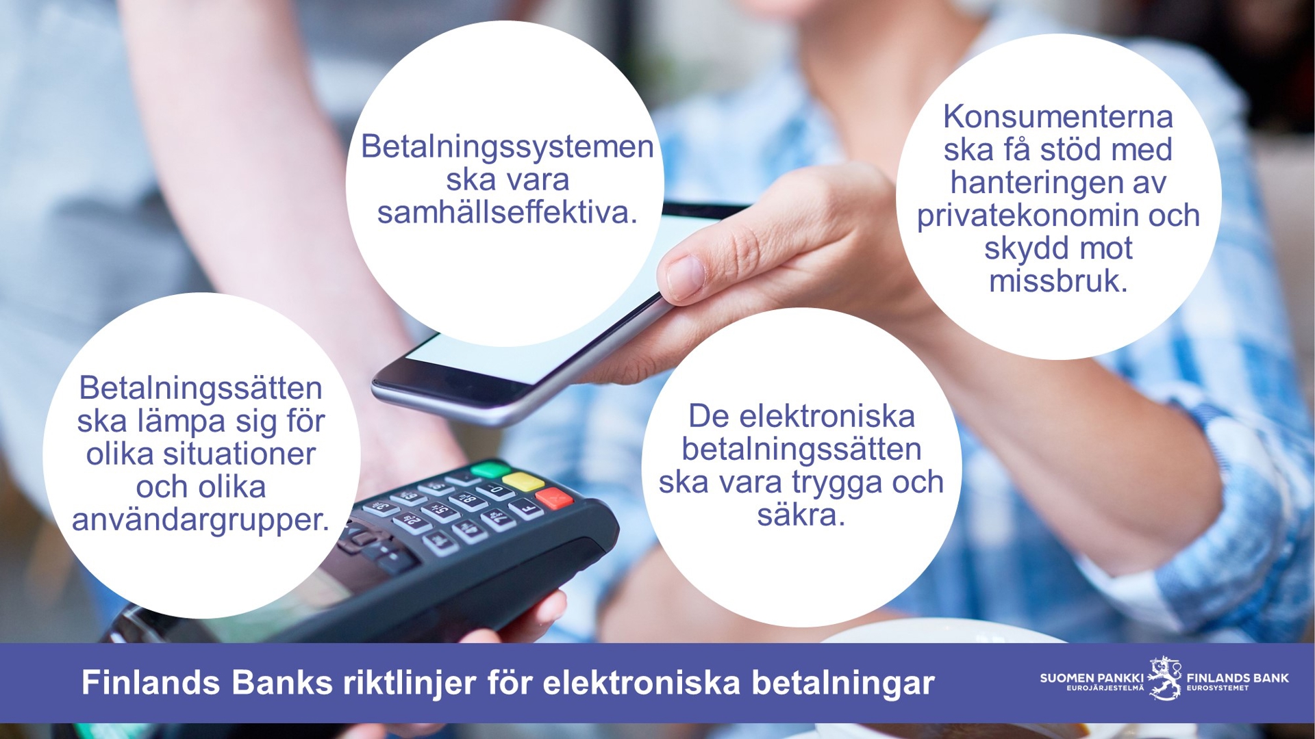 Finlands Banks riktlinjer för elektroniska betalningar: Betalningssätten ska lämpa sig för olika situationer och olika användargrupper.  Betalningssystemen ska vara samhällseffektiva. De elektroniska betalningssätten ska vara trygga och säkra. Konsumenterna ska få stöd med hanteringen av privatekonomin och skydd mot missbruk.